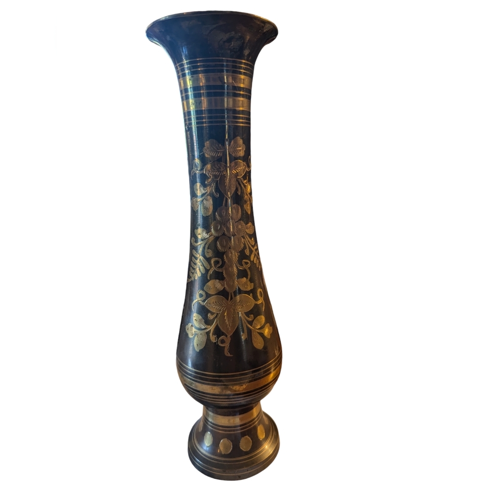 Vintage Brass Black Gold Etched Vase